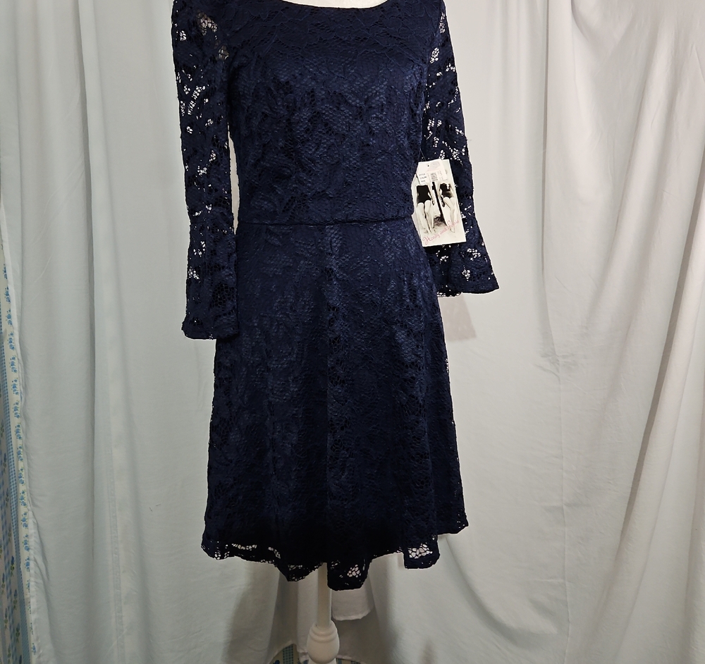 Honey and Rosie Navy Lace Long-Sleeve Fit & Flare Dress